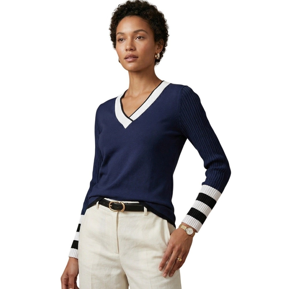 PEACE OF‎ CLOTH Navy Blue V-Neck Knit Top Striped Ribbed Sleeves Small $225